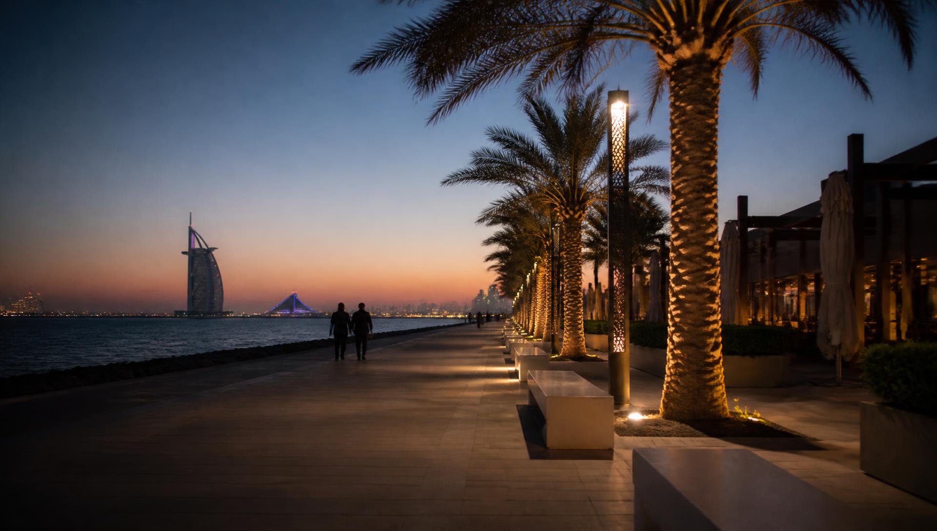 Dubai waterfront promenade at dusk