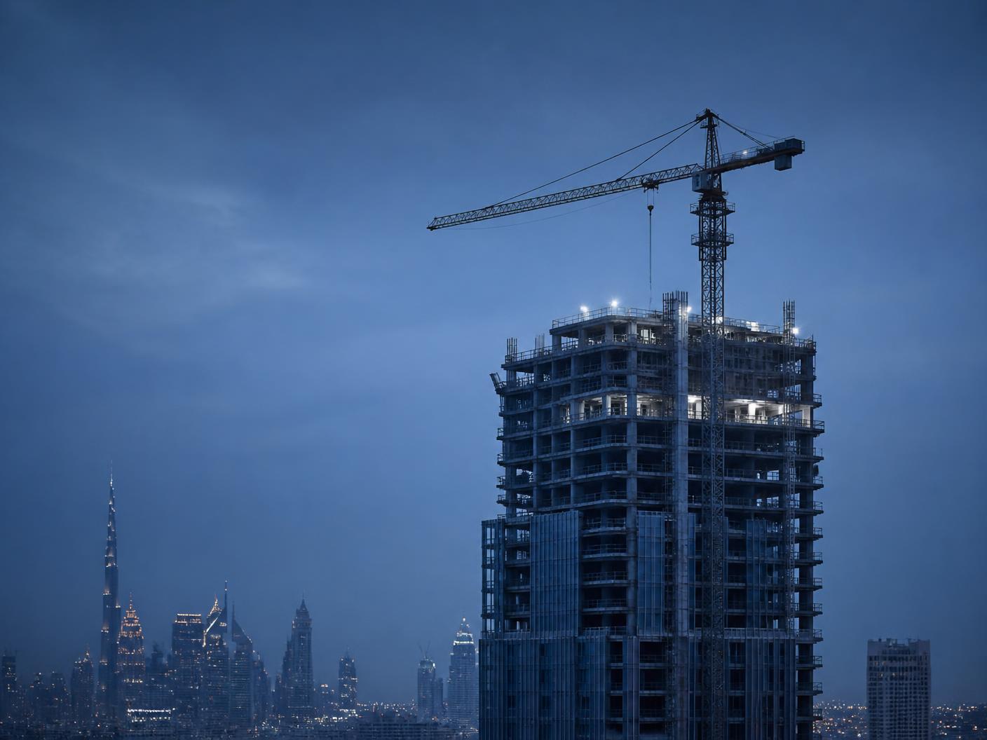 Dubai residential tower under construction at blue hour