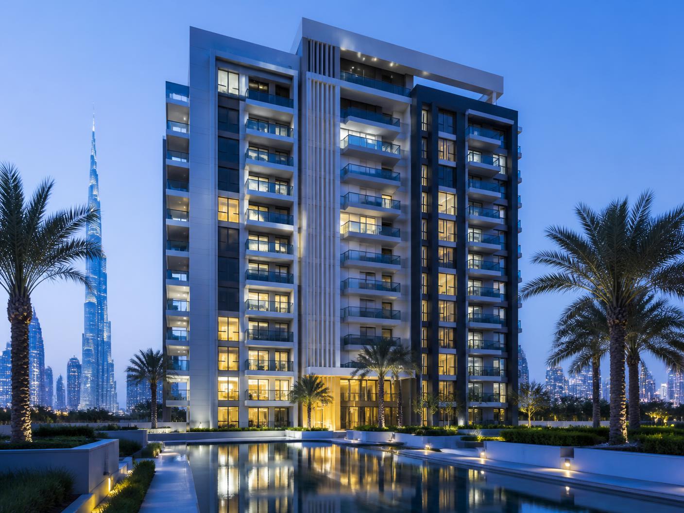 Completed Dubai residential building at twilight